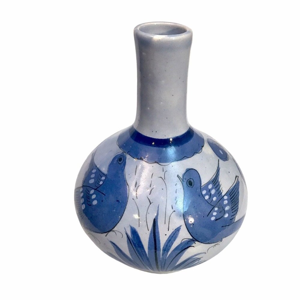 Vintage Tonala Mexican Pottery Vase Blue Birds Butterflies Floral 8.5" Signed VG - Picture 2 of 13